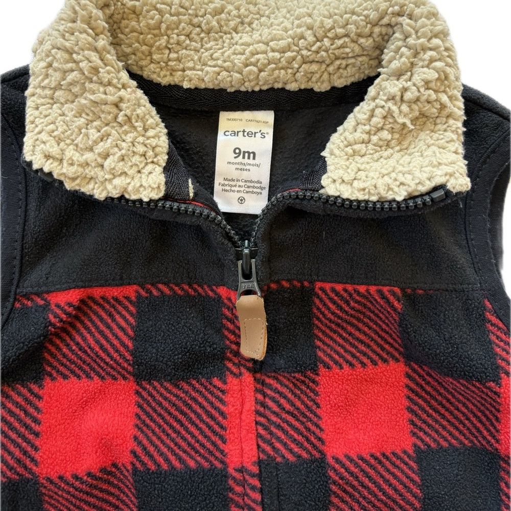 Carter's Black and Red buffalo plaid Fleece Vest with Sherpa collar baby boy 9m